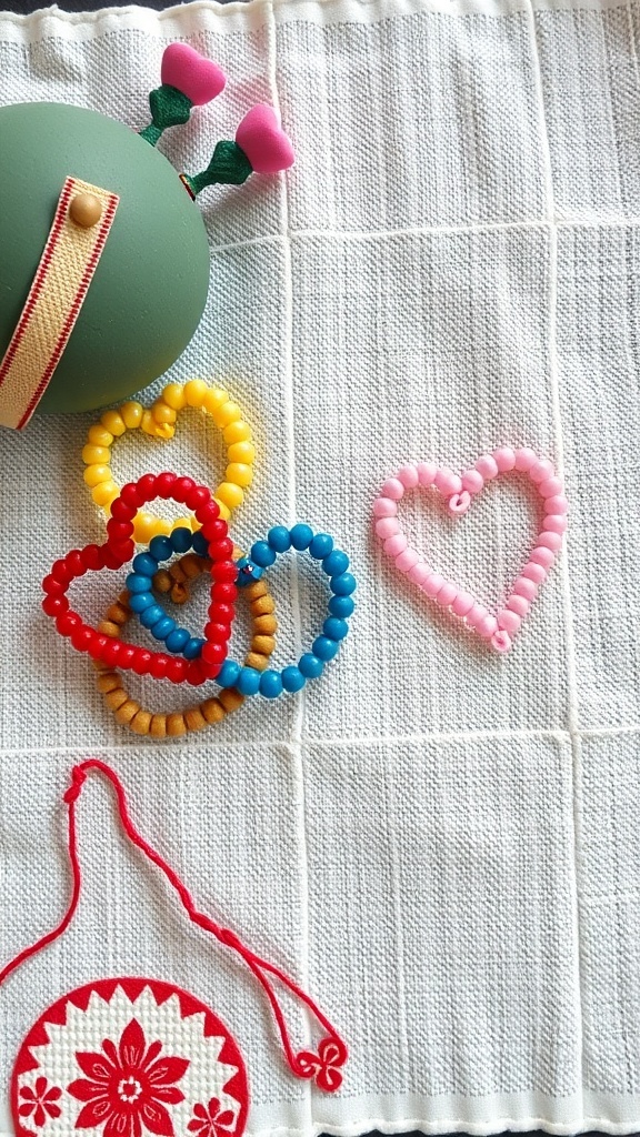 Colorful beaded love bracelets and heart shapes on a textured fabric background.