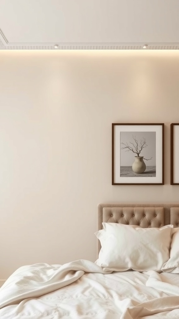 A cozy bedroom with beige accent walls, light bedding, and framed artwork.