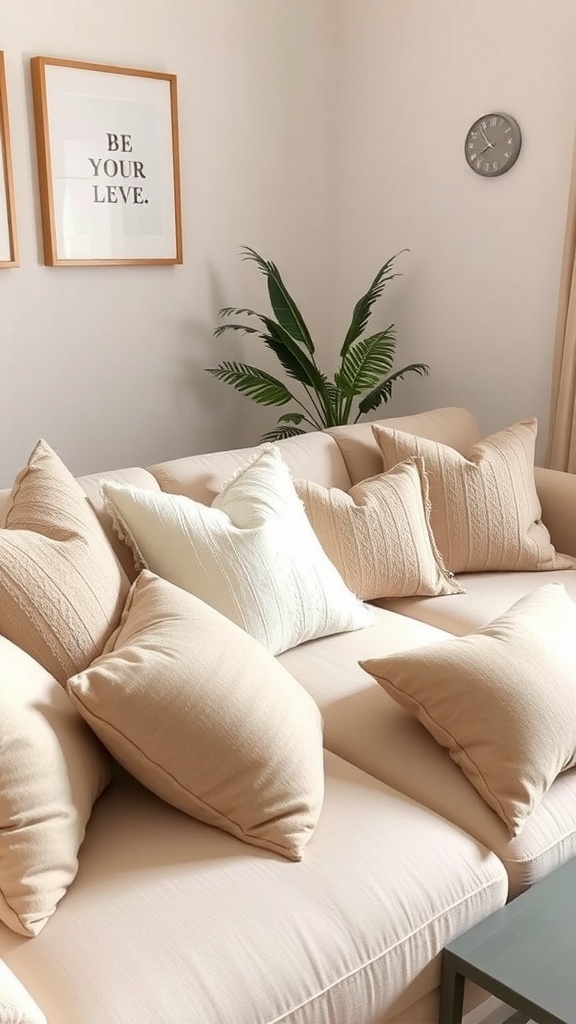 A cozy couch with beige throw pillows, featuring different textures and a warm atmosphere.