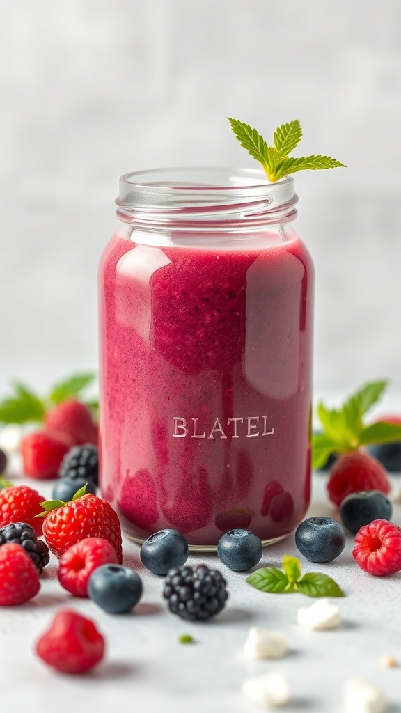 A vibrant berry smoothie in a jar with fresh berries around it.
