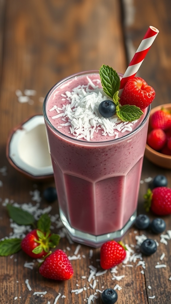 A delicious berry coconut smoothie topped with shredded coconut, fresh berries, and a mint leaf.