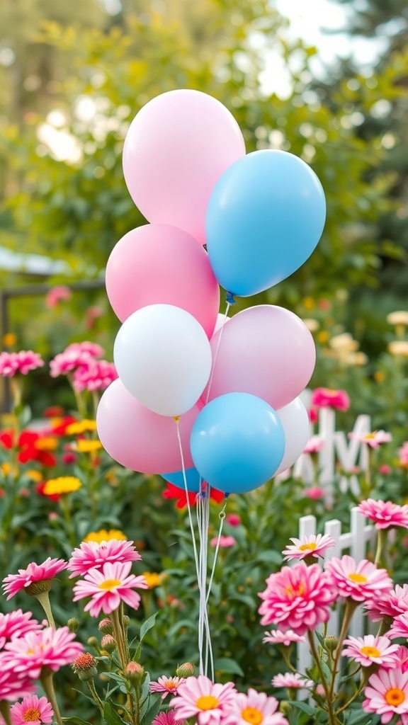 A bouquet of pink and blue balloons surrounded by colorful flowers in a garden.