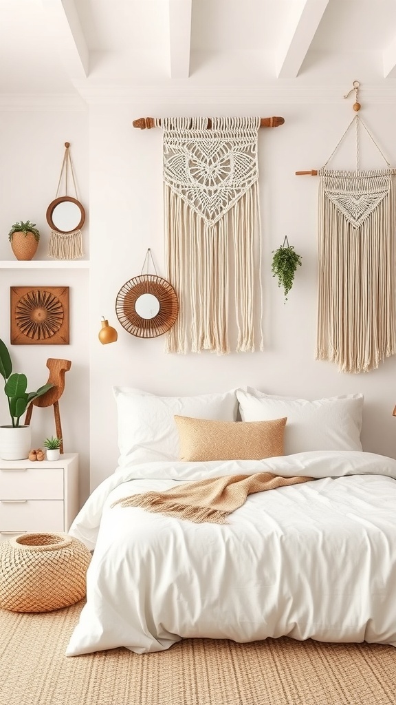 A cozy bohemian bedroom featuring white and cream accents, macramé wall hangings, and natural decor elements.