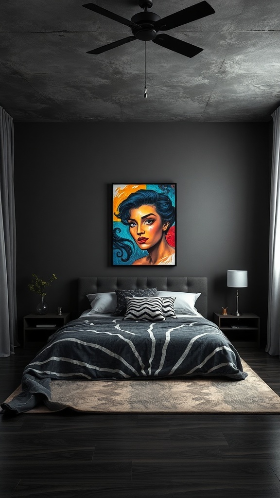 A dark grey bedroom featuring a colorful portrait artwork on the wall.