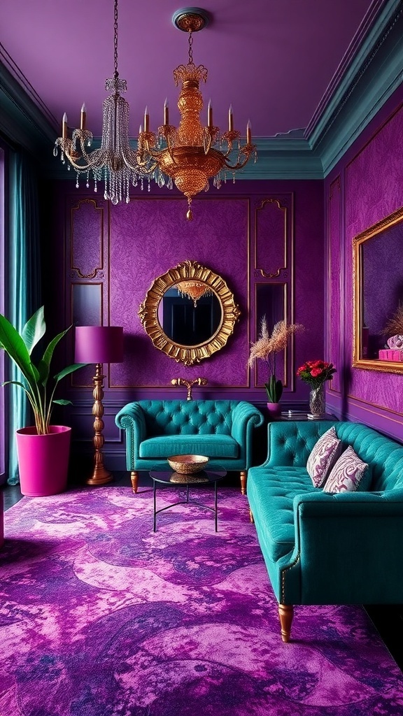 A glam room featuring bold color palettes with teal sofas, purple walls, and a luxurious chandelier.