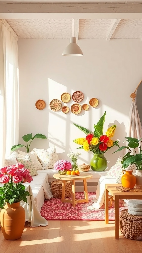 A bright and airy summer room with colorful flowers, light furniture, and natural light.