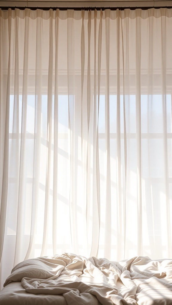Light sheer curtains hanging in a bright bedroom