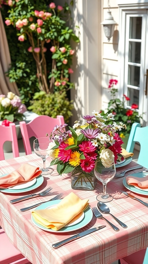 A bright and cheerful spring tablescape featuring a pink tablecloth, pastel blue plates, and a vibrant flower arrangement.