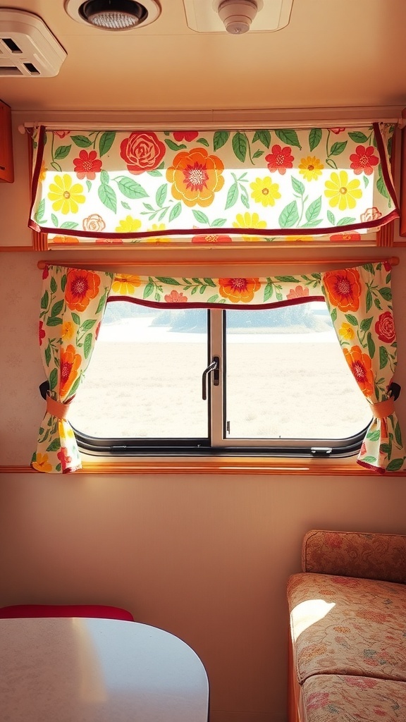 Colorful floral window treatments in an RV, brightening the interior space.