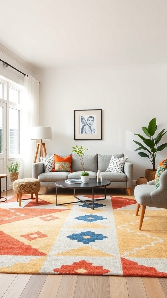 A bright area rug in a living room with a modern design.