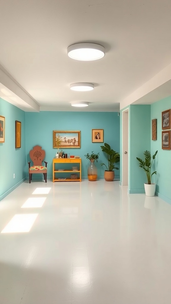 A bright and inviting low ceiling basement with light blue walls, white floor, and colorful decor.