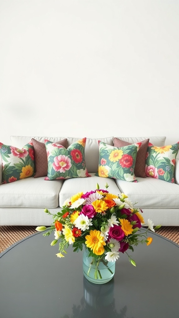 A living room with a light sofa, colorful floral pillows, and a vibrant bouquet of flowers on a glass table.