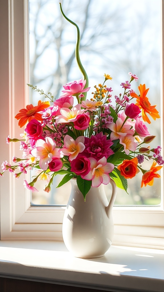 A vibrant floral arrangement featuring pink, orange, and yellow flowers in a white vase by a window.