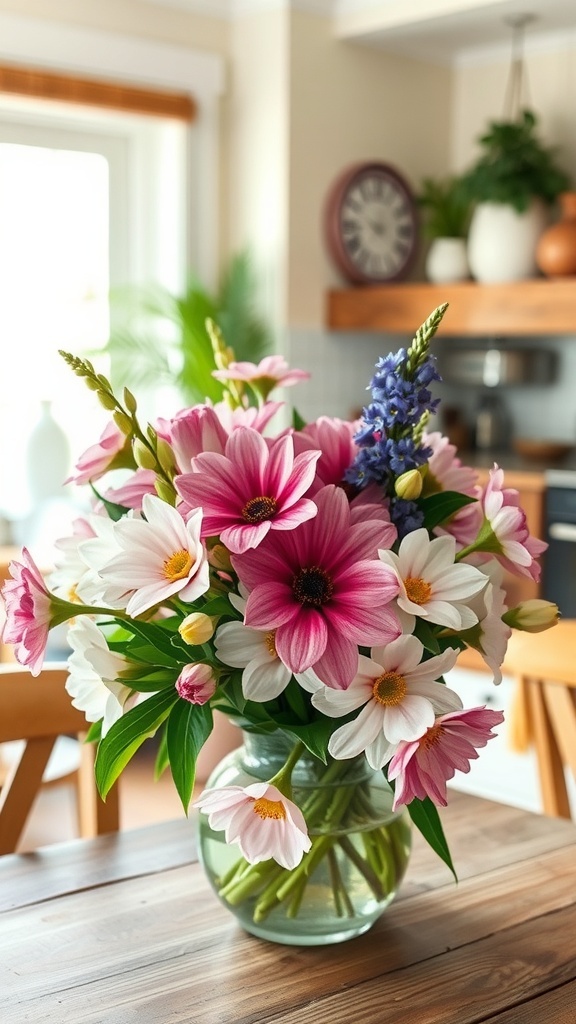A vibrant floral centerpiece featuring pink and white flowers in a glass vase on a wooden table.