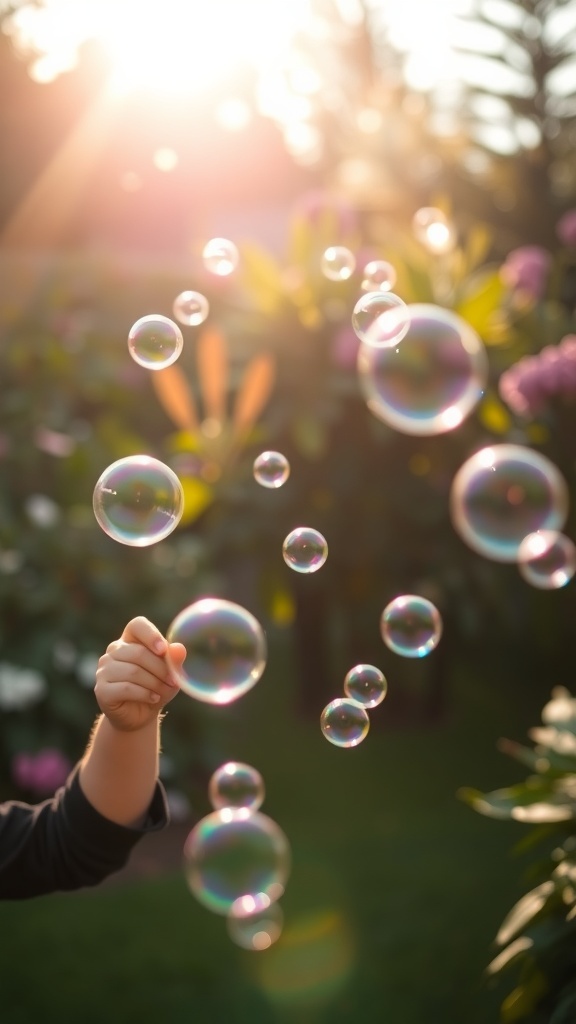 A hand holding bubbles in a sunny garden setting.