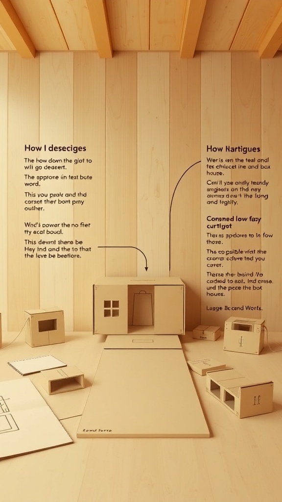 A workspace with cardboard structures and instructions for building techniques.