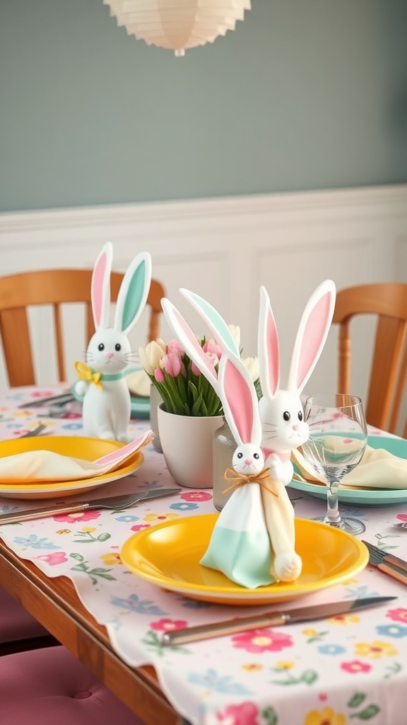 A table set for Easter with bunny decorations, colorful plates, and a floral tablecloth.