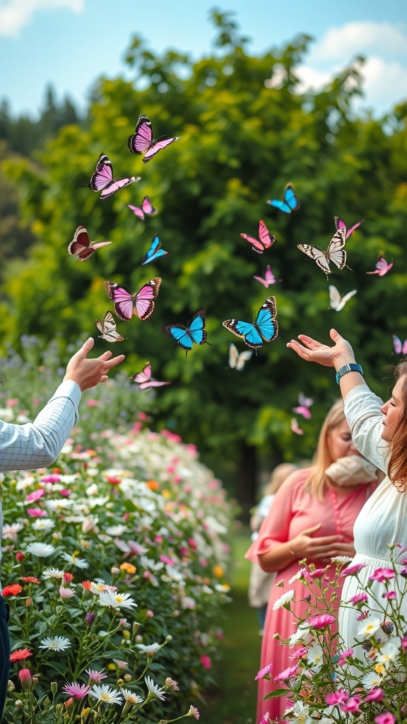 A butterfly release ceremony with people releasing colorful butterflies in a flower-filled garden.