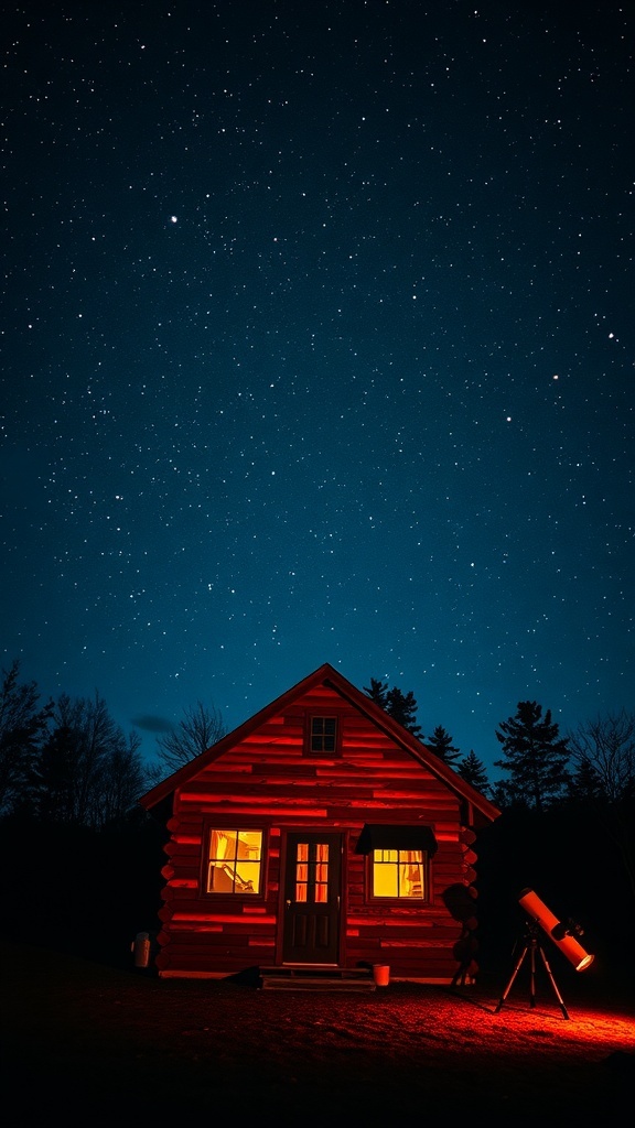 A cozy cabin under a starry night sky with a telescope set up outside.