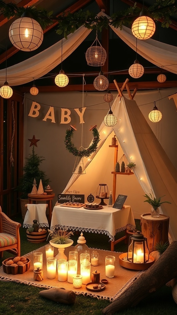 A cozy camping-themed baby shower setup featuring a tent, lanterns, and rustic decorations.