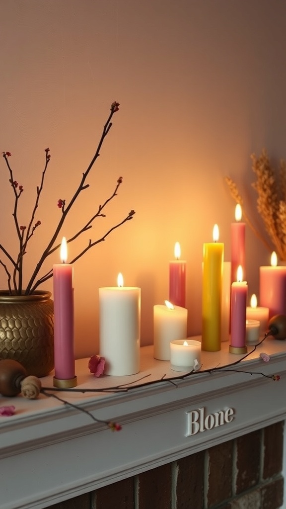 A cozy mantle decorated with various candles in different heights and colors, creating a warm glow.