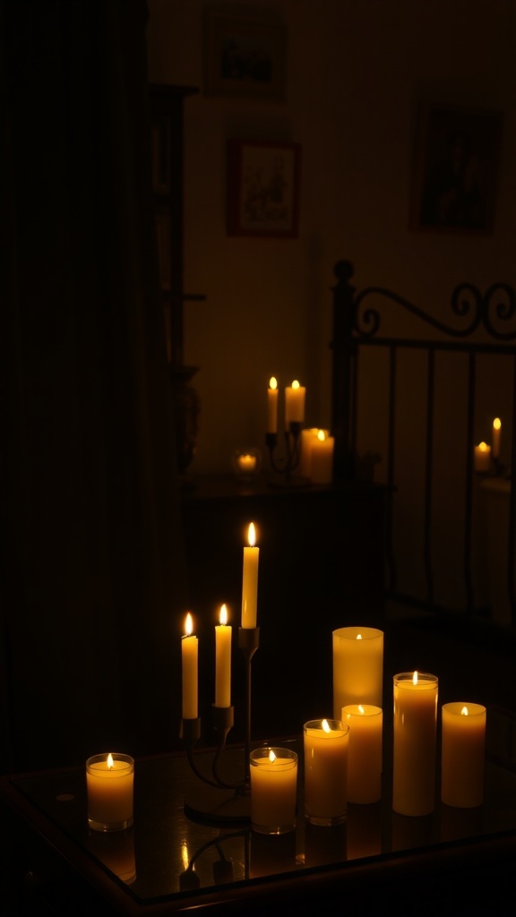 A dimly lit bedroom with various candles of different heights and sizes, creating a warm and inviting atmosphere.