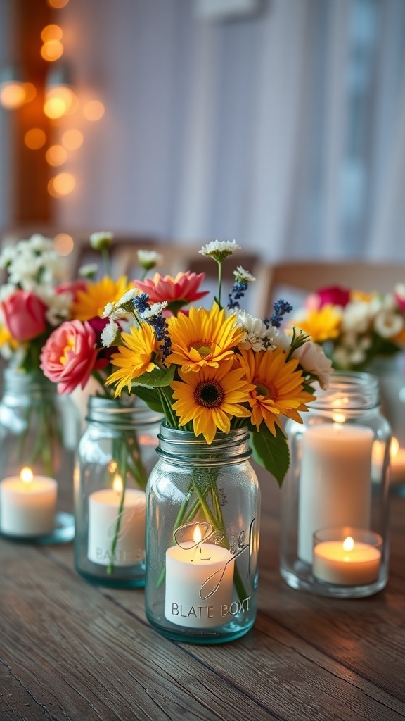 Mason jars filled with flowers and candles arranged on a wooden table
