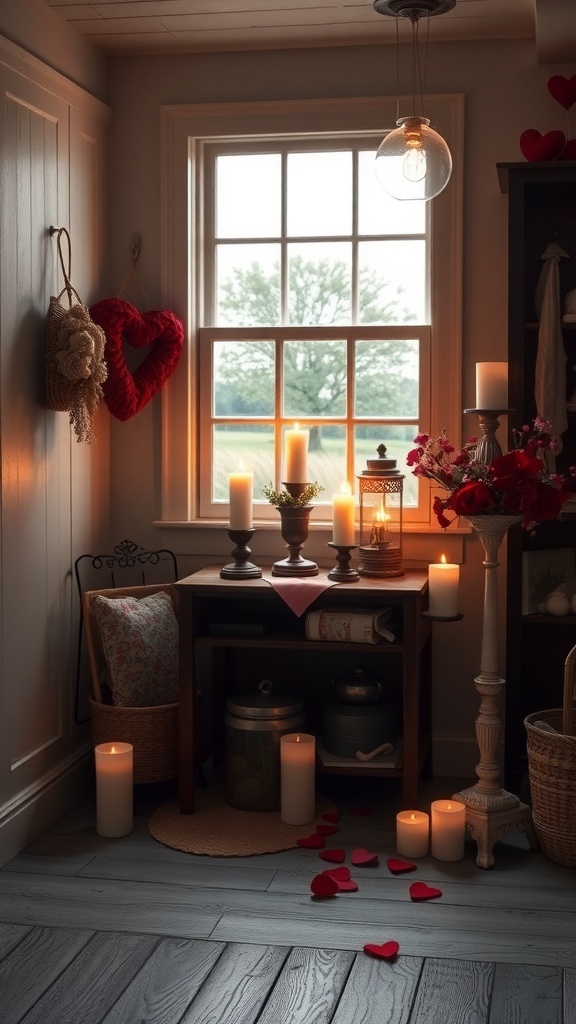A cozy corner with candles, heart decorations, and a wooden table, creating a romantic atmosphere.