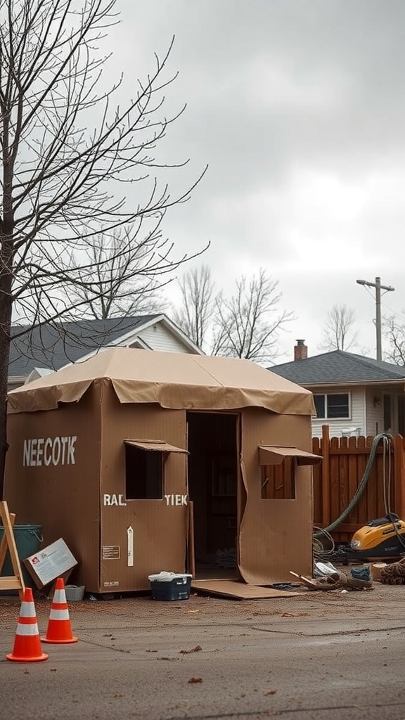 A cardboard box house set up as an emergency shelter, with construction materials and a tree in the background.