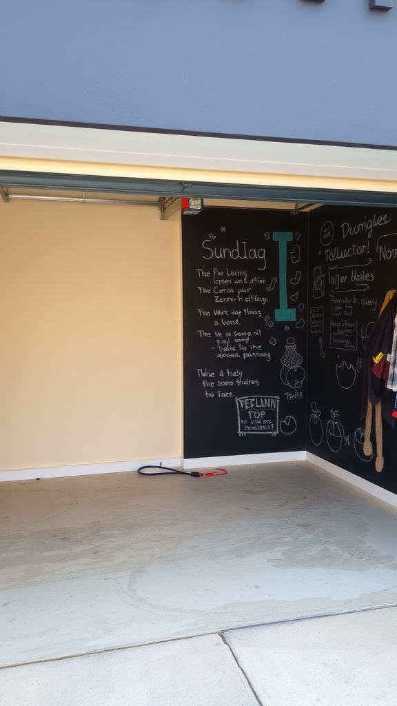Garage with a chalkboard paint accent wall featuring doodles and notes.