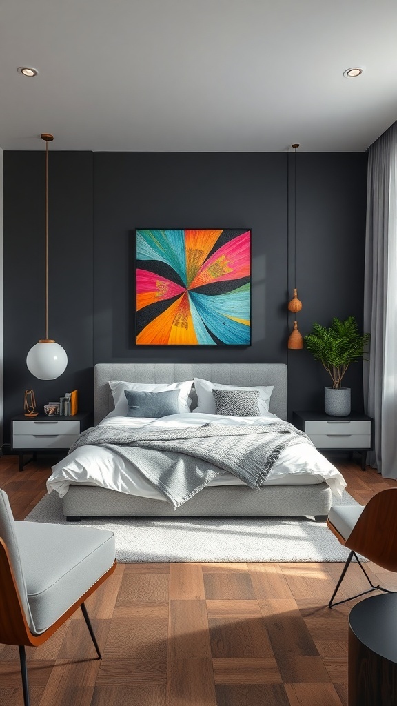 A modern bedroom with charcoal walls, colorful artwork, and stylish furniture.