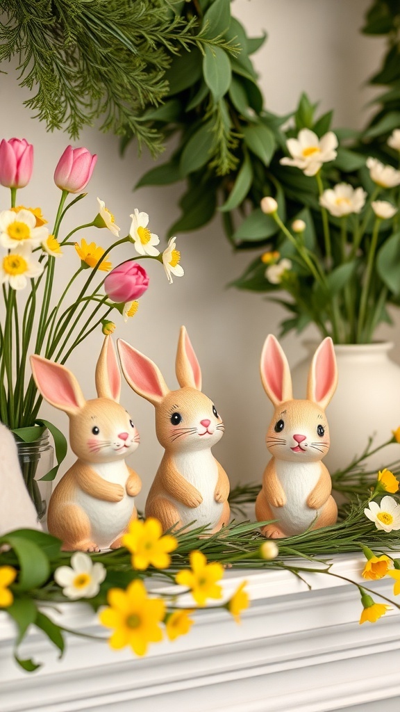 Three charming bunny figurines surrounded by flowers on a mantle