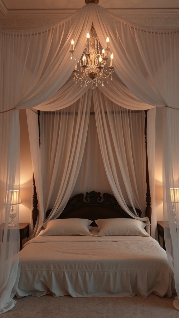 A charming canopy bed with soft drapes and a chandelier, creating a romantic bedroom decor.