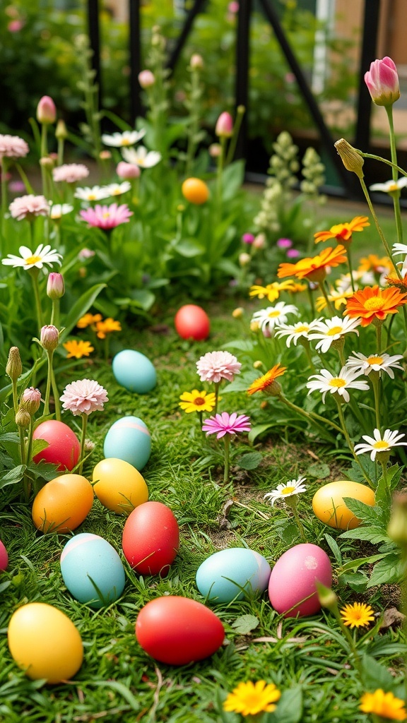 Colorful Easter eggs scattered among flowers in a garden