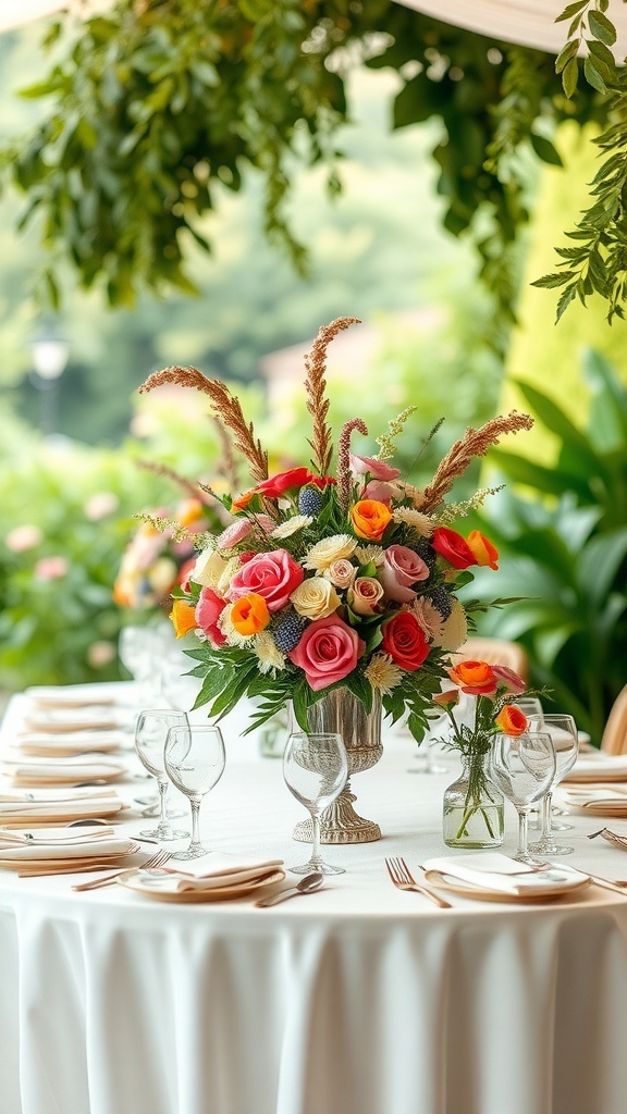 A beautiful floral centerpiece featuring a mix of colorful roses and greenery on a table set for a garden party.