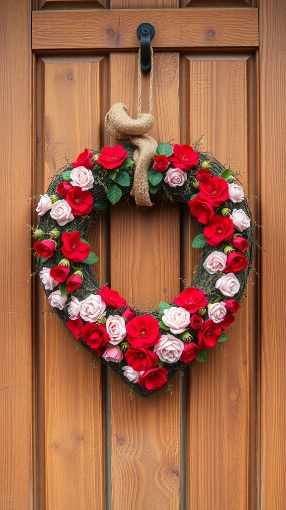 A heart-shaped wreath made of red and pink flowers with a burlap bow, hanging on a wooden door.