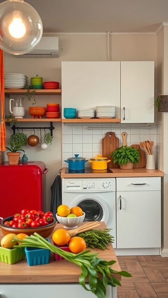 A charming kitchen with a red fridge, colorful dishes, and fresh vegetables on the counter.