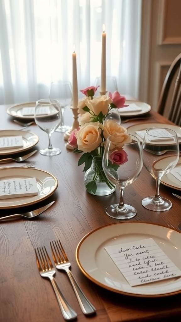 A beautifully set dining table with love notes at each place setting, elegant glassware, and fresh flowers.