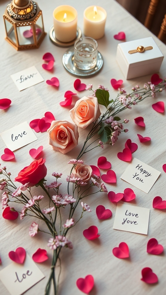 Valentine's table decor featuring love notes, flowers, and candles.