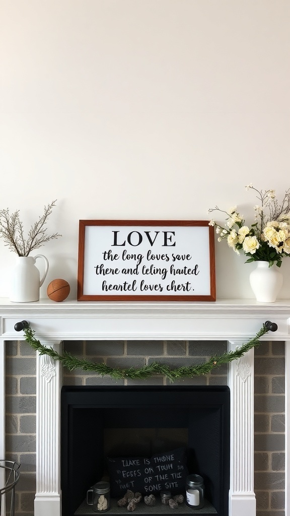 A decorated mantle with a love quote, flowers, and a playful chalkboard.