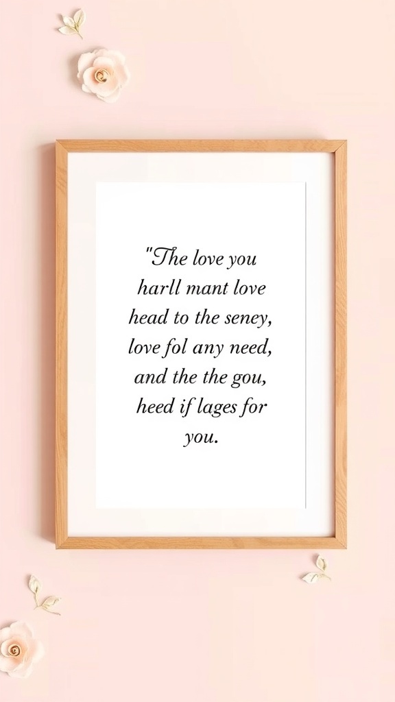 Framed love quote wall art on a soft pink background with a wooden frame and decorative flowers.