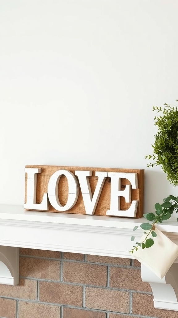 A rustic 'LOVE' sign on a mantel with greenery