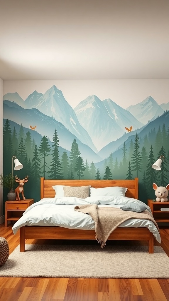A cozy bedroom with mountain-themed wallpaper, featuring trees and butterflies, creating a serene atmosphere.