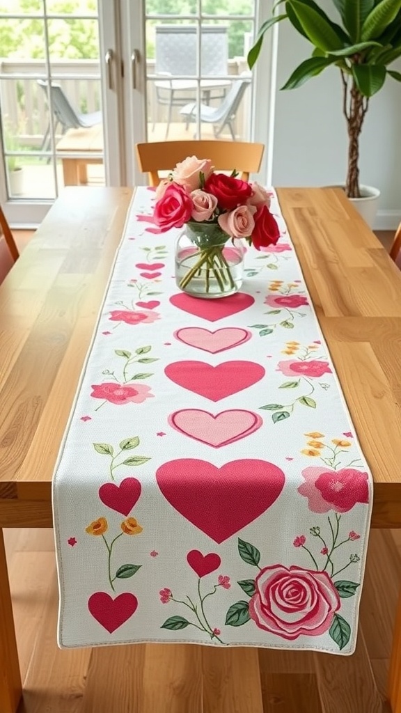 A table decorated with a heart-themed table runner and a vase of roses.