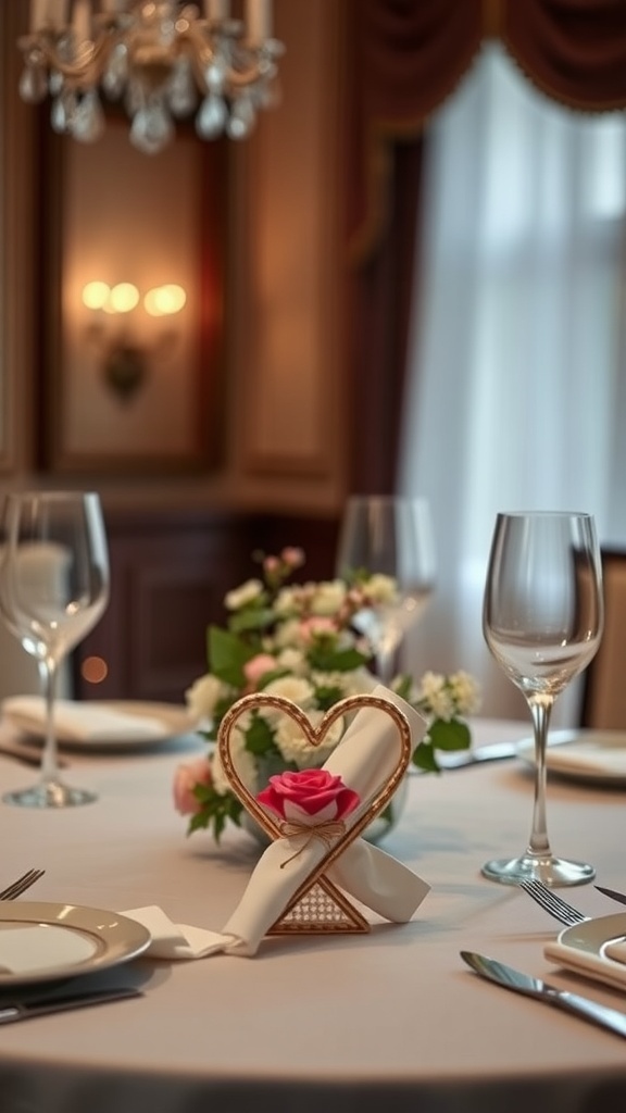 A romantic table setting with heart-shaped napkin holder and pink rose