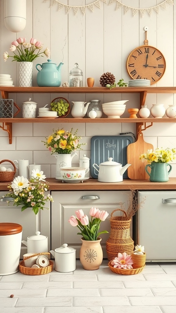 A cozy kitchen decorated with vintage teapots, flowers, and rustic baskets.