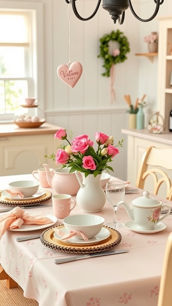 A beautifully set farmhouse table for Valentine's Day with vintage tableware, pink roses, and a heart ornament.