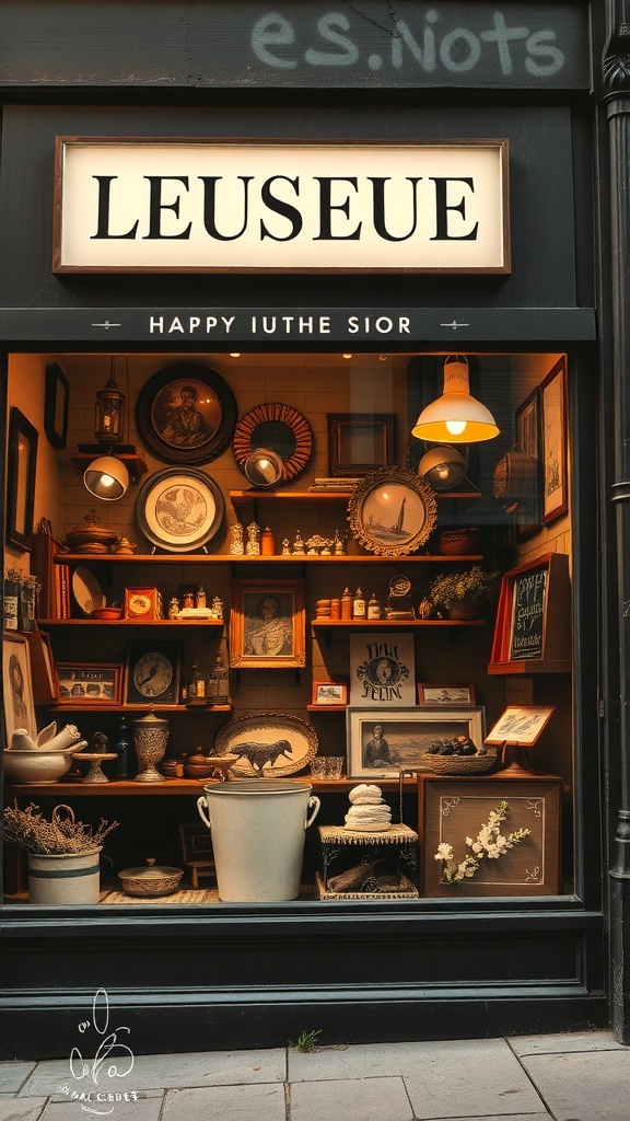 A vintage shop window display featuring various antique items, warm lighting, and wooden shelves.
