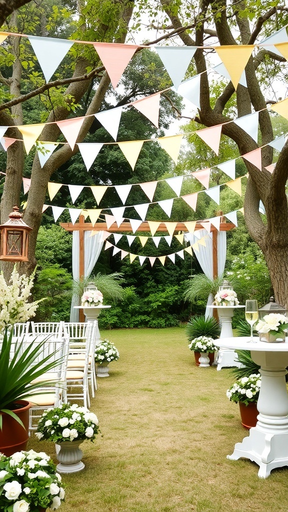 A beautifully decorated garden space for a bridal shower with colorful bunting, white chairs, and floral arrangements.