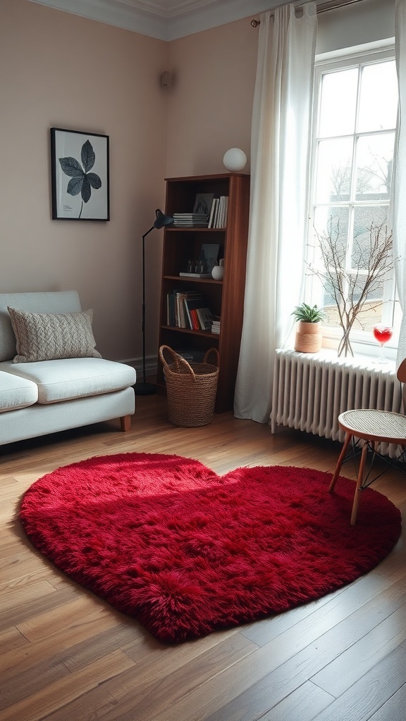 A cozy living room featuring a heart-shaped red rug on wooden flooring, with a sofa, bookshelf, and natural light coming through the window.